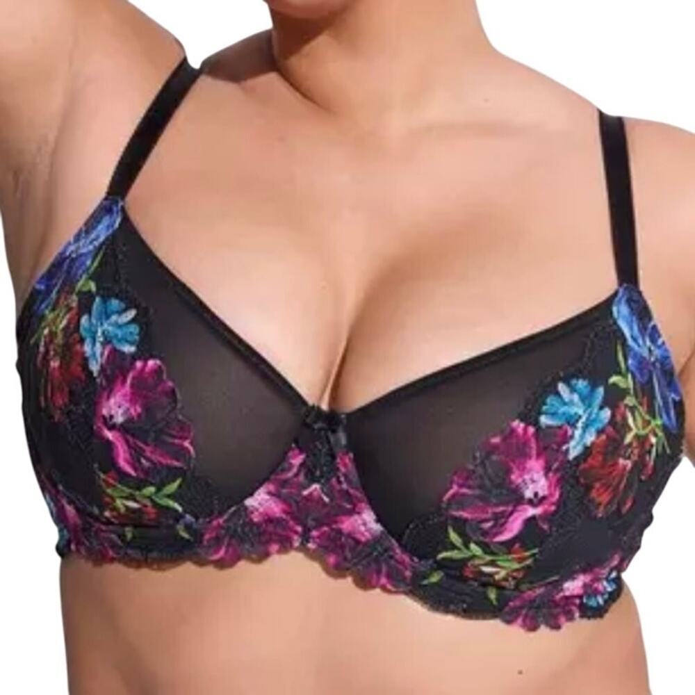Torrid Curve Bra Size 48D Balconette Unlined Black Floral Lace Underwire